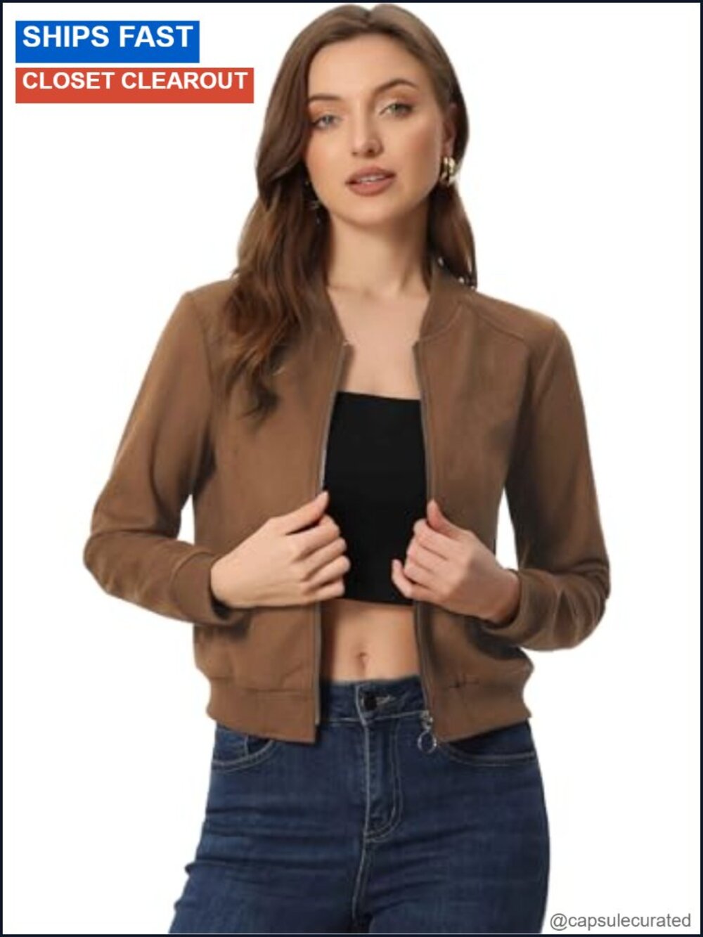 Faux Suede Zip Up Bomber Jacket Stand Collar Cropped Motorcycle Outerwear